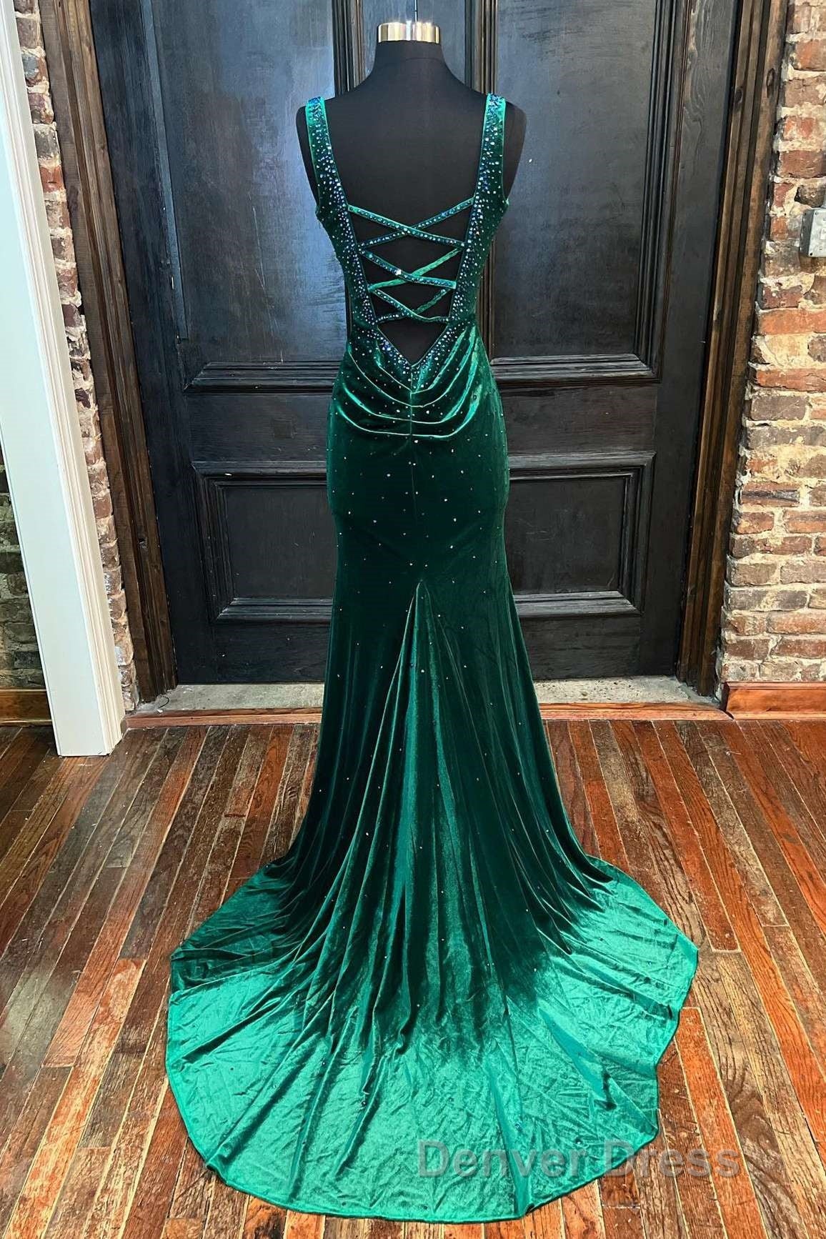 Emerald Velvet V Neck Cutout Back Mermaid Long Prom Dresses