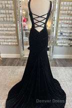 Emerald Velvet V Neck Cutout Back Mermaid Long Prom Dresses