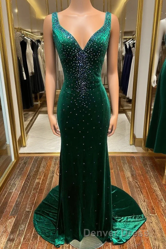 Emerald Velvet V Neck Cutout Back Mermaid Long Prom Dresses Main image