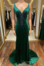 Emerald Velvet V Neck Cutout Back Mermaid Long Prom Dresses