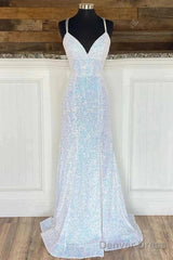 Empire Mermaid White Sequin V-Neck Prom Dress