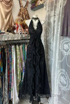 Enchanted Black A-Line  Ball Gown Chiffon&Tulle Princess Halter  Open Back Design For Galas & Formal Events