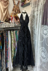 Enchanted Black A-Line  Ball Gown Chiffon&Tulle Princess Halter  Open Back Design For Galas & Formal Events