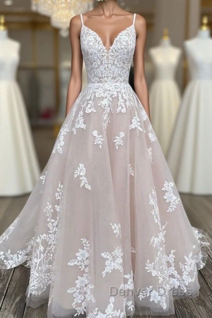 Engagement Wedding Dresses In Color Formal Wedding Dresses Court Train A-Line Spaghetti Strap Sweetheart Lace With Buttons Appliques