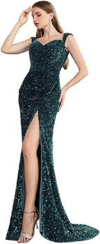 Royal Blue Sequins Mermaid Sweet Neck Prom Dresses