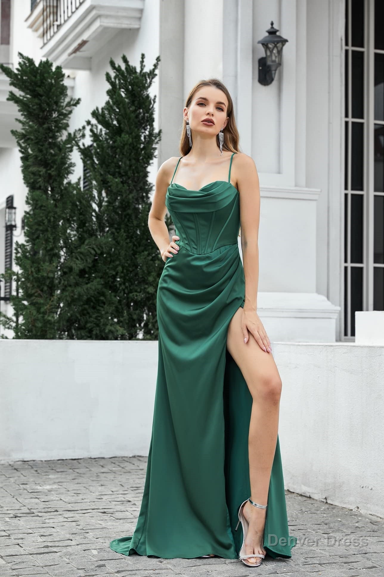 High Slit Spaghetti Satin Ruched Prom Dresses
