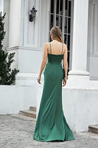 Engerla Sexy High Slit Evening Dresses Spaghetti Satin Ruched Shower Party Dress Pageant Celebrity Gown