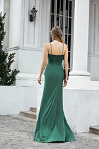 High Slit Spaghetti Satin Ruched Prom Dresses
