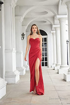 High Slit Spaghetti Satin Ruched Prom Dresses