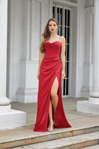 High Slit Spaghetti Satin Ruched Prom Dresses
