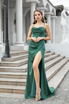 High Slit Spaghetti Satin Ruched Prom Dresses