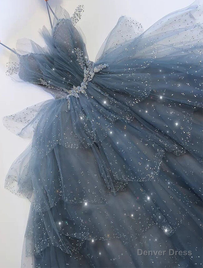 Shiny Tulle A Line Spaghetti Straps Blue Prom Dress Prom Gown Prom Dresses Main image
