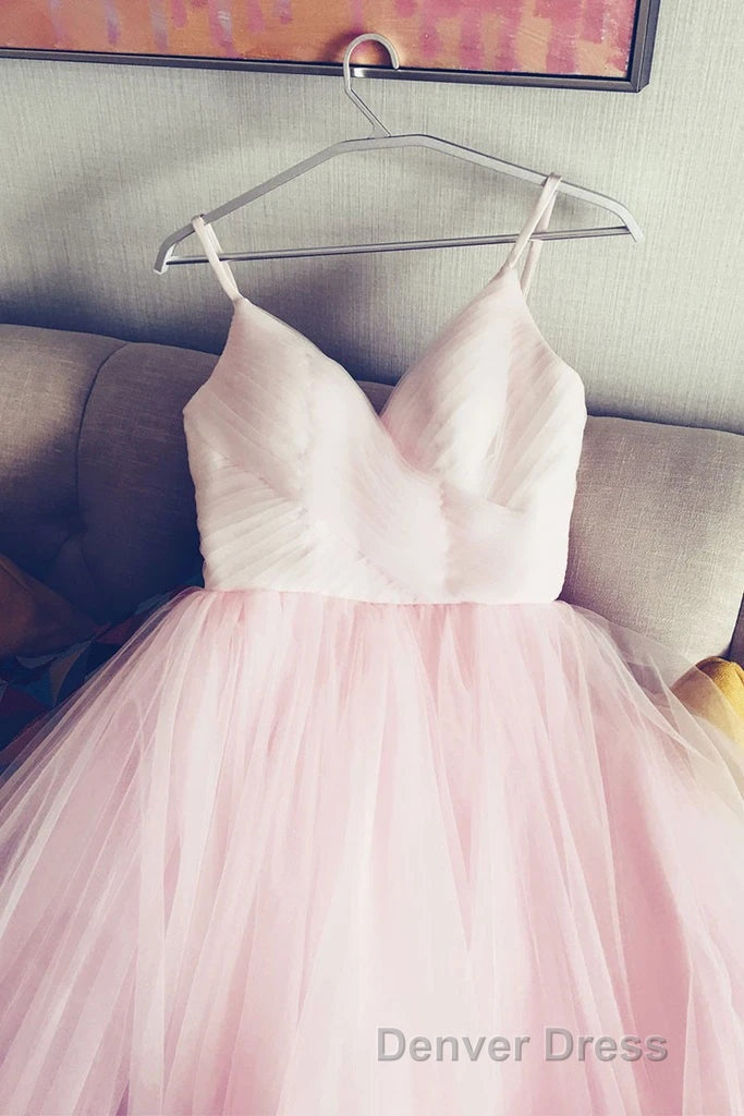 Light Pink Spaghetti Straps Tulle Long Prom Dress, Puffy Prom Dresses