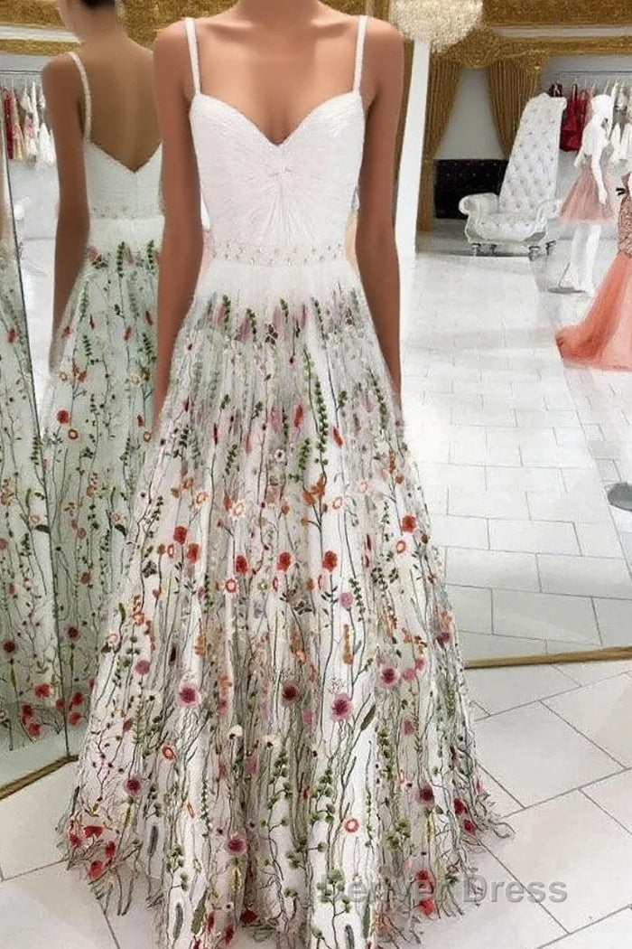 White Straps Floor Length Long Prom Dresses with Lace Flowers Formal Dresses