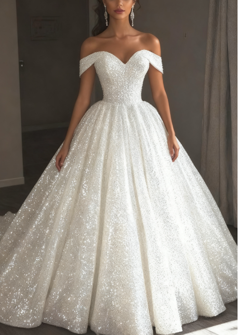 Ethereal Wedding Dress Ball Gowns Off The Shoulder Sequin White Wedding Dresses Bridal Gown Secondary image