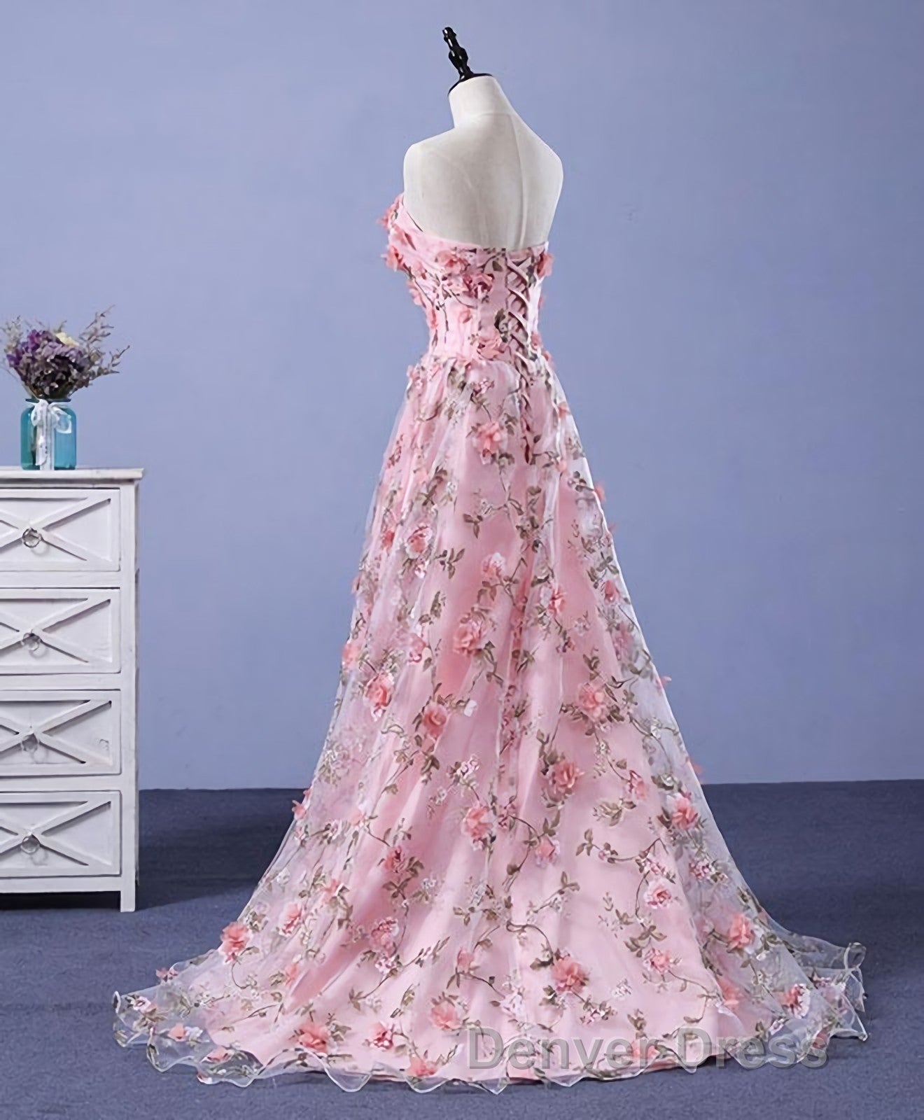 Pink Tulle 3D Flowers Long Prom Dresses, Pink Evening Dresses Secondary image