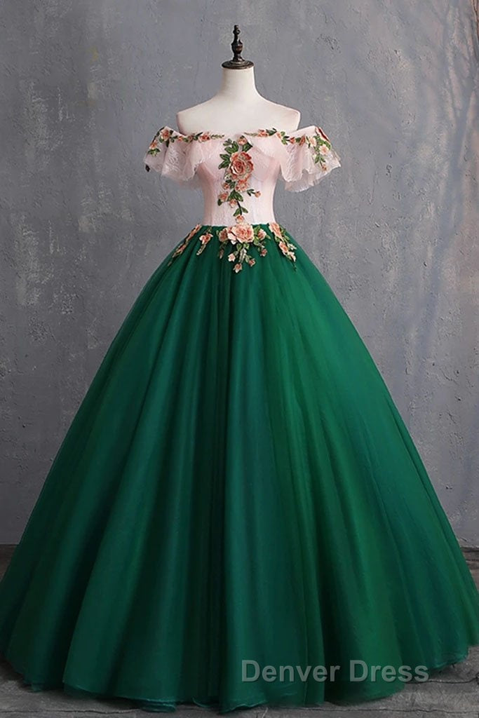 Green Off the Shoulder Floor Length Prom Dresses with Appliques, Puffy Quinceanera Dresses