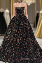 A Line Sparkly Sequin Long Prom Dresses, Gorgeous Strapless Long Evening Dresses