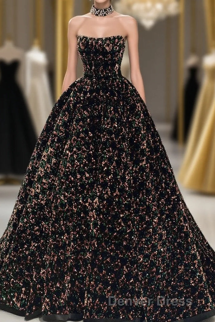 A Line Sparkly Sequin Long Prom Dresses, Gorgeous Strapless Long Evening Dresses