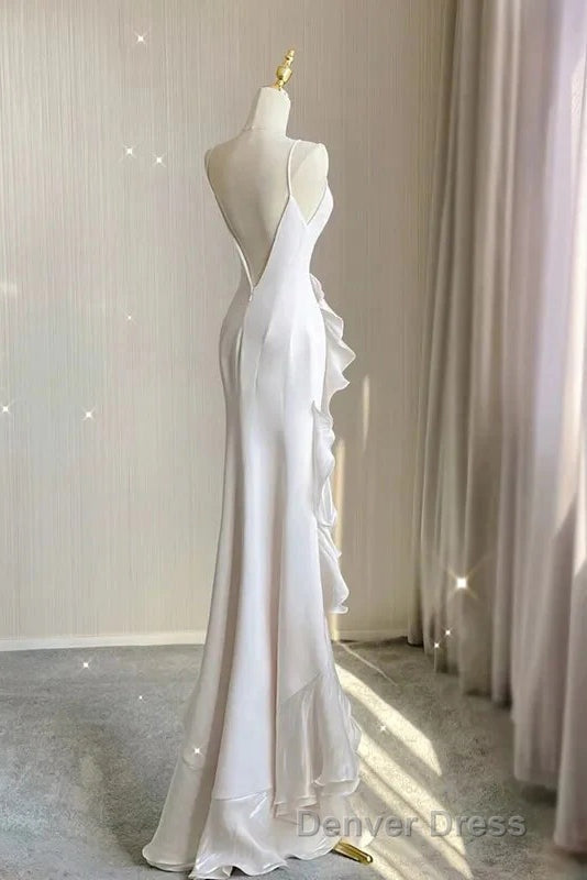Simple Mermaid Prom Gowns With Ruffles, Spaghetti Straps Backless Dresses For Date