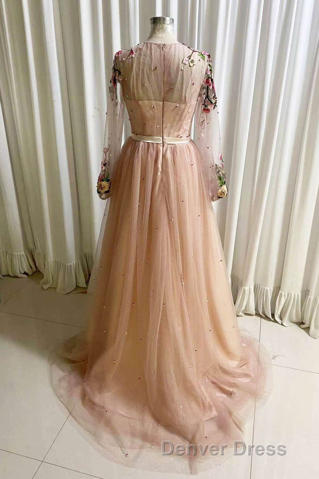 A Line Tulle Long Prom Dresses with Flowers, Pink Long Sleeves Party Dresses with Beading Secondary image