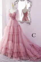 A Line V Neck New Style Tiered Long Tulle Prom Dresses, Evening Gown with Flower