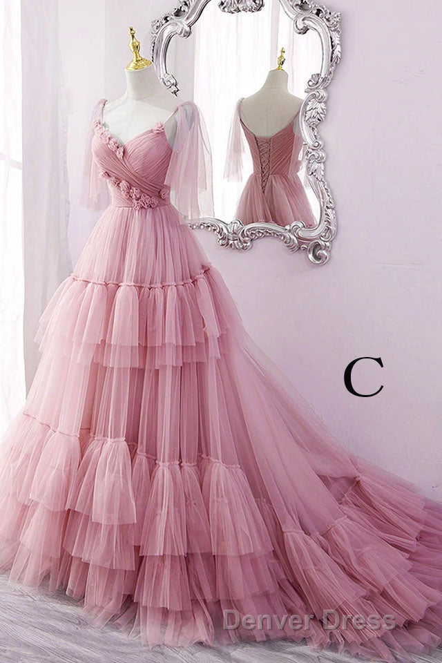 A Line V Neck New Style Tiered Long Tulle Prom Dresses, Evening Gown with Flower