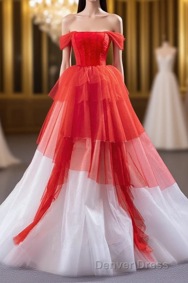 Red and White off the Shoulder Tired Prom Dresses, Puffy Formal Party Dresses Main image
