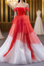 Red and White off the Shoulder Tired Prom Dresses, Puffy Formal Party Dresses