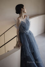 Gorgeous Blue Sparkly Tulle Beaded Prom Dresses, Tiered Prom Gowns with Rhinestone