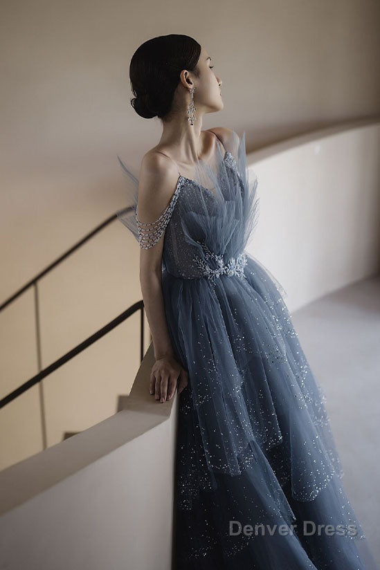 Gorgeous Blue Sparkly Tulle Beaded Prom Dresses, Tiered Prom Gowns with Rhinestone