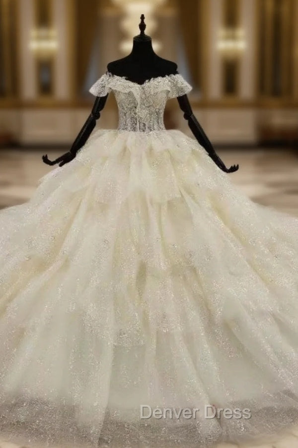Exquisite Champagne Ball Gowns Tulle Sequins Off the Shoulder Appliques Wedding Dresses Main image