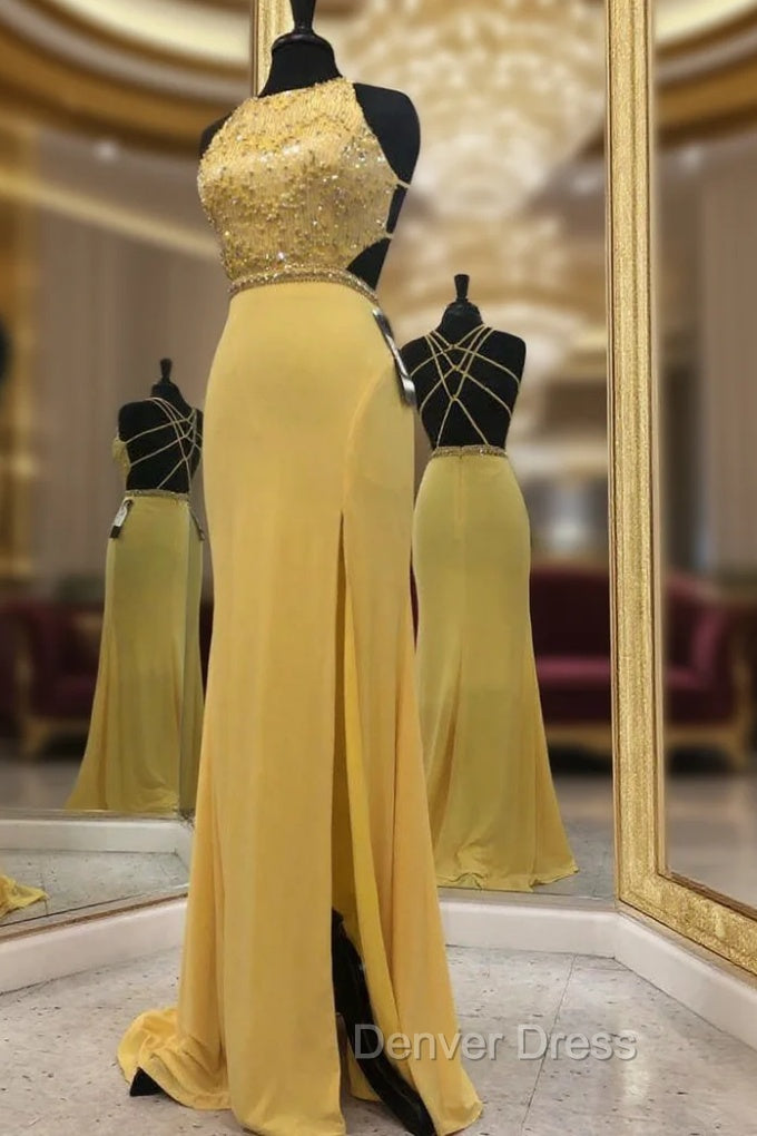 Exquisite Jewel Sleeveless Beading Prom Party Gowns| Chic Front Slit Long Prom Gown