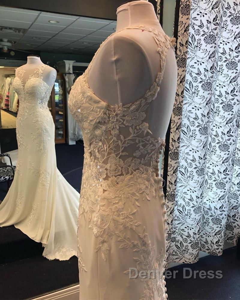 Exquisite Jewel Sleeveless Wedding Dresses Sheath Tulle Lace Open Back Bridal Gowns