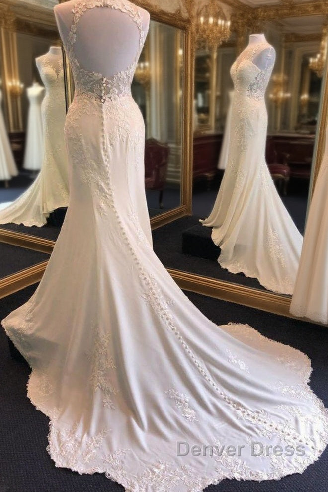 Exquisite Jewel Sleeveless Wedding Dresses Sheath Tulle Lace Open Back Bridal Gowns Main image