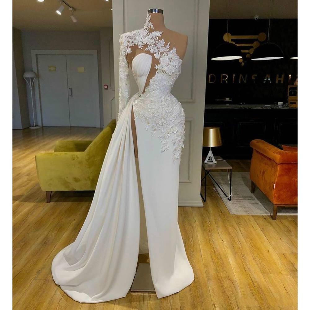 Exquisite Lace White Prom Dresses High Neck One Shoulder Long Sleeve Prom Gown Side Split Robes De Mari¨¦E Secondary image