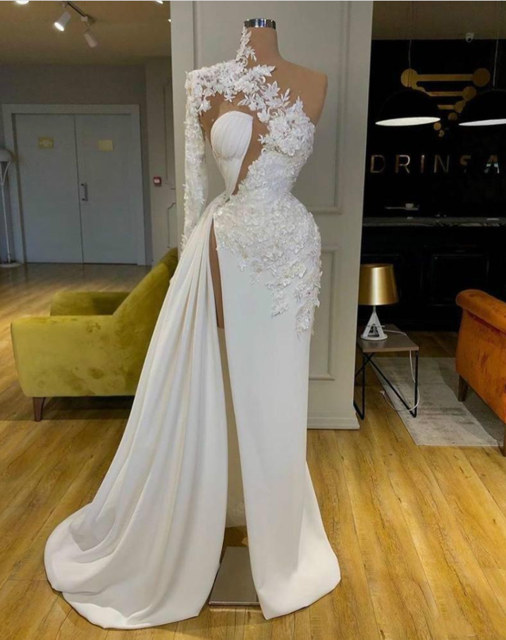 Exquisite Lace White Prom Dresses High Neck One Shoulder Long Sleeve Prom Gown Side Split Robes De Mari¨¦E Main image