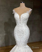 Exquisite Long Lace V Neck Sleeveless Mermaid Wedding Dresses