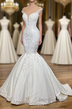 Exquisite Long Lace V Neck Sleeveless Mermaid Wedding Dresses