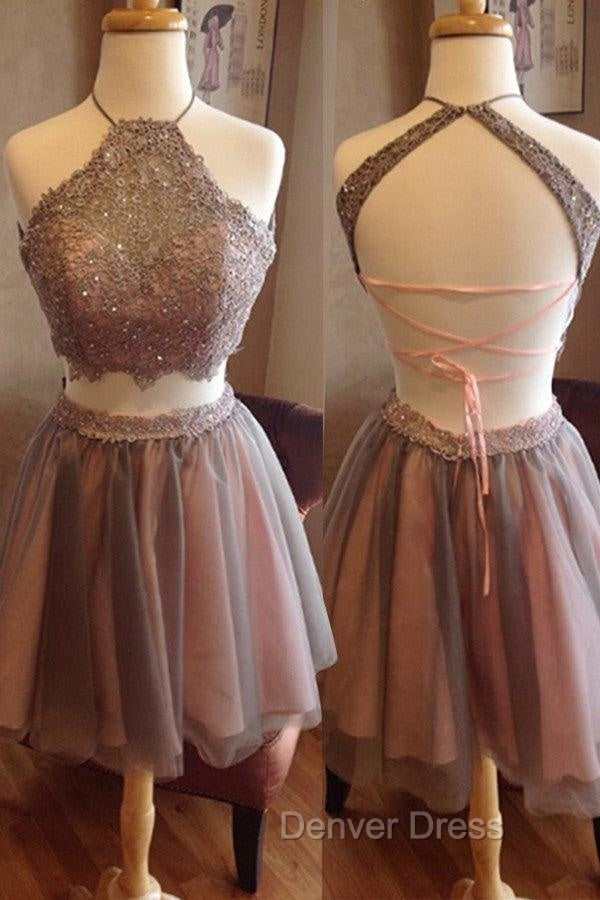 Exquisite Two Pieces Open Back Halter Blush Lace Homecoming Dresses