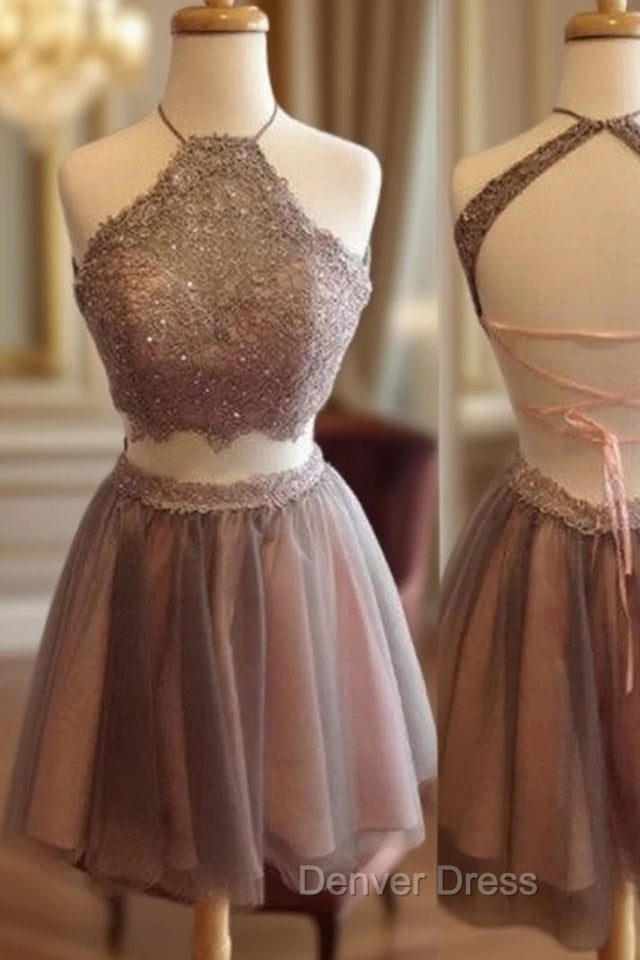 Exquisite Two Pieces Open Back Halter Blush Lace Homecoming Dresses Main image