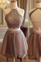 Exquisite Two Pieces Open Back Halter Blush Lace Homecoming Dresses