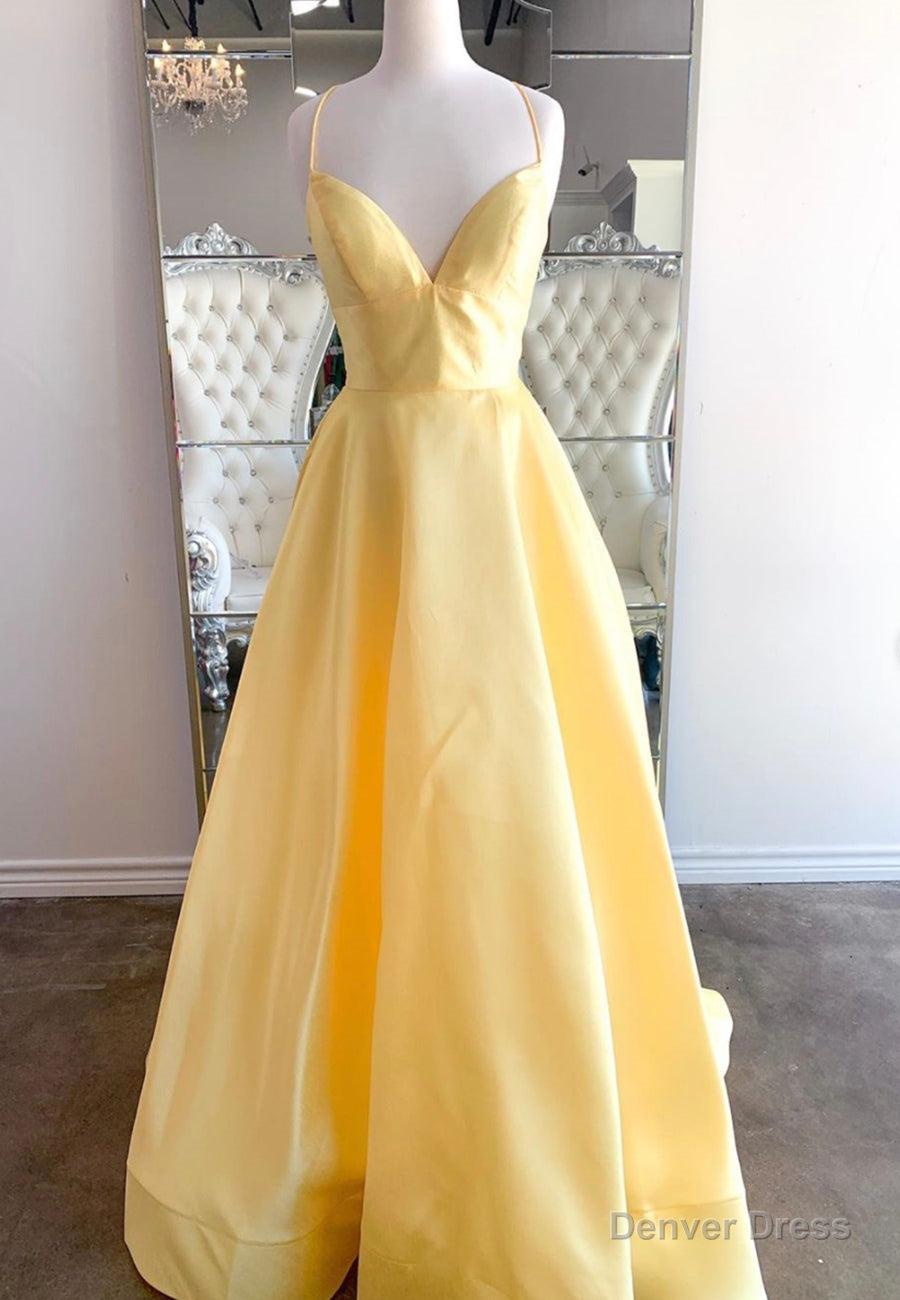 Yellow Satin Long Prom Dresses, A-Line Backless Evening Dresses Main image