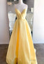 Yellow Satin Long Prom Dresses, A-Line Backless Evening Dresses