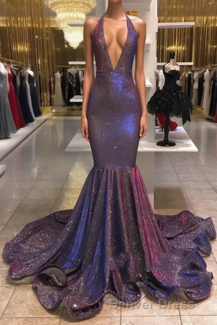 Chic Deep V-Neck Sleeveless Prom Dresses New Arrival Halter Memaiad Sequins Evening Gowns