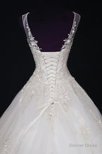 2025 A Line Wedding Dresses, Scoop Tulle With Applique And Beads Lace Up