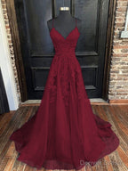 A Line V Neck Sweep Train Tulle Prom Dresses With Appliques Lace