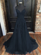 A Line V Neck Sweep Train Tulle Prom Dresses With Appliques Lace