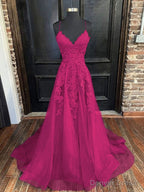 A Line V Neck Sweep Train Tulle Prom Dresses With Appliques Lace