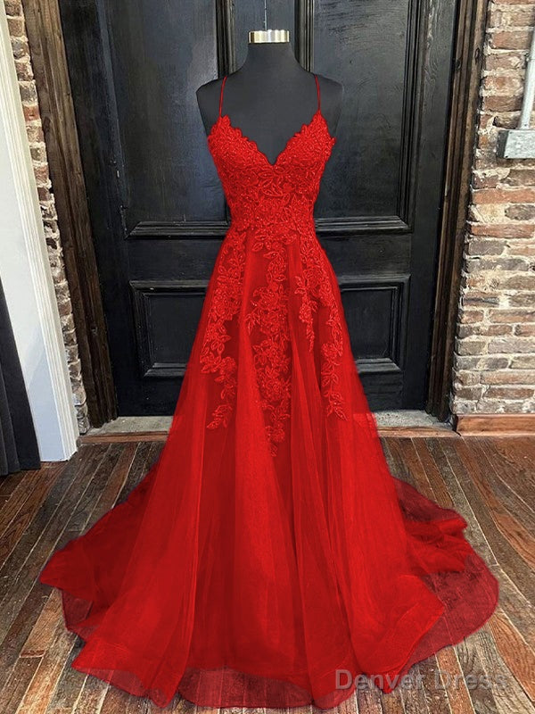 A Line V Neck Sweep Train Tulle Prom Dresses With Appliques Lace